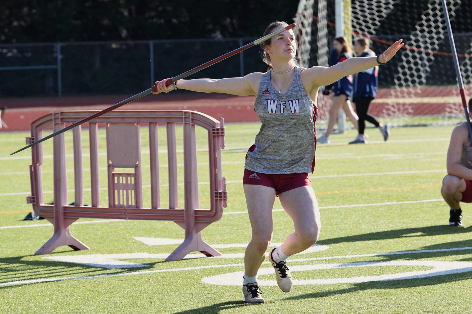 W.F. West's Amanda Bennett prepares to throw the javelin at Tumwater District Stadium March 29.